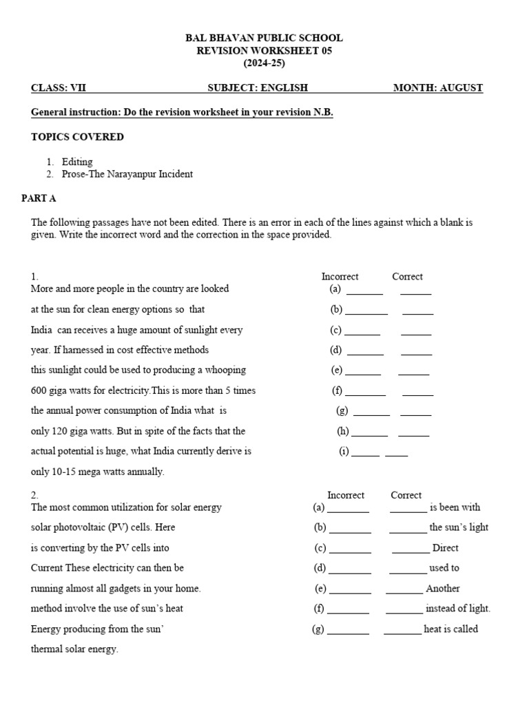 Class VII English Revision Worksheet | PDF | Photovoltaics | Energy ...
