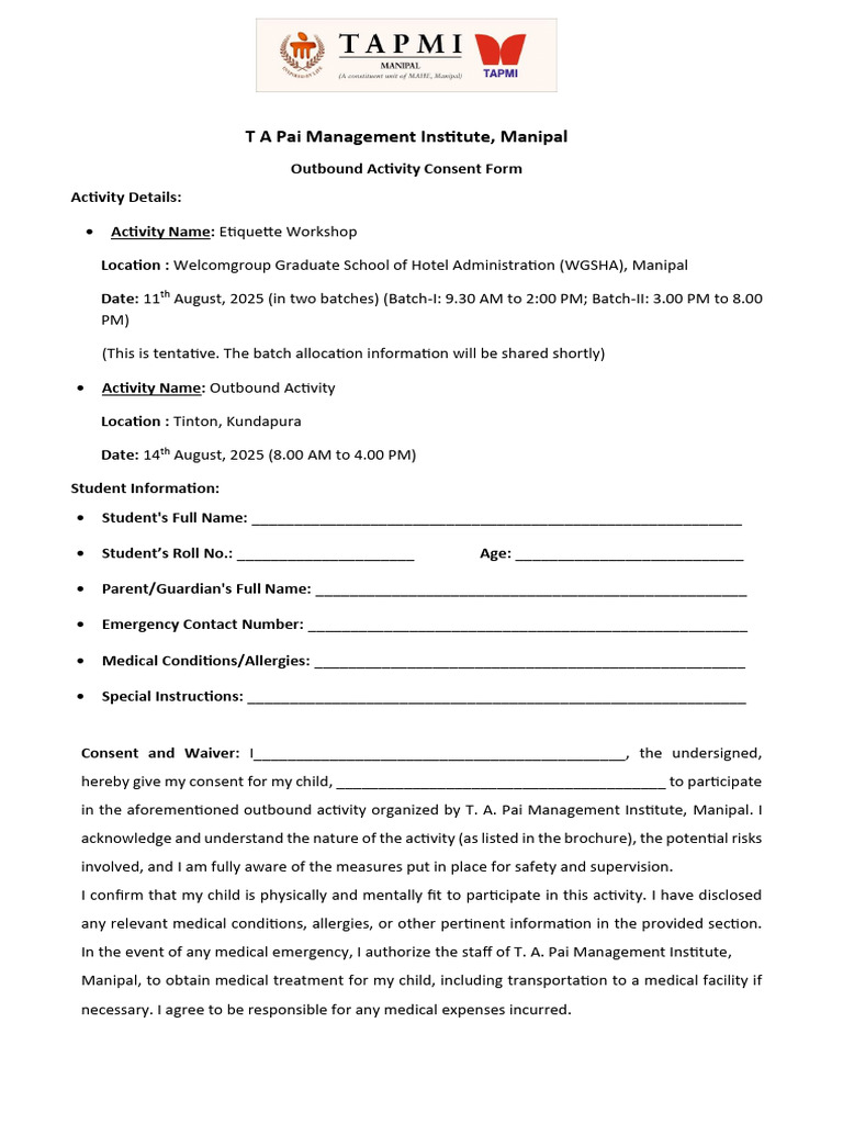 Outbound Activity Consent Form | PDF | Consent
