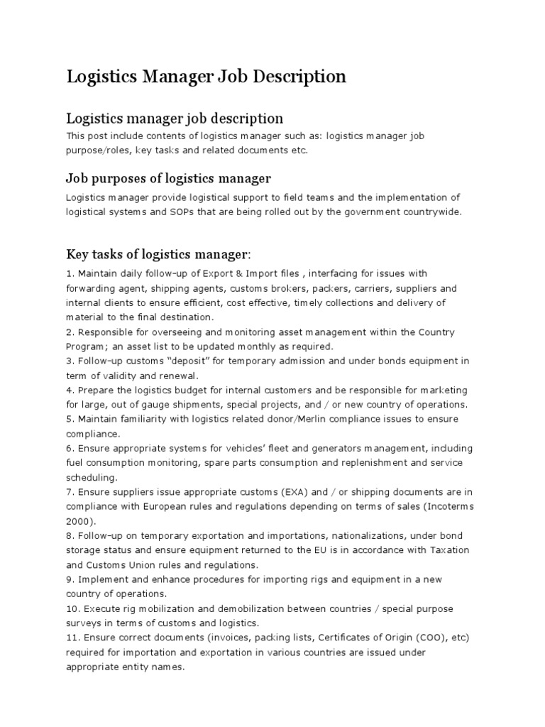 Logistics Manager Job Description