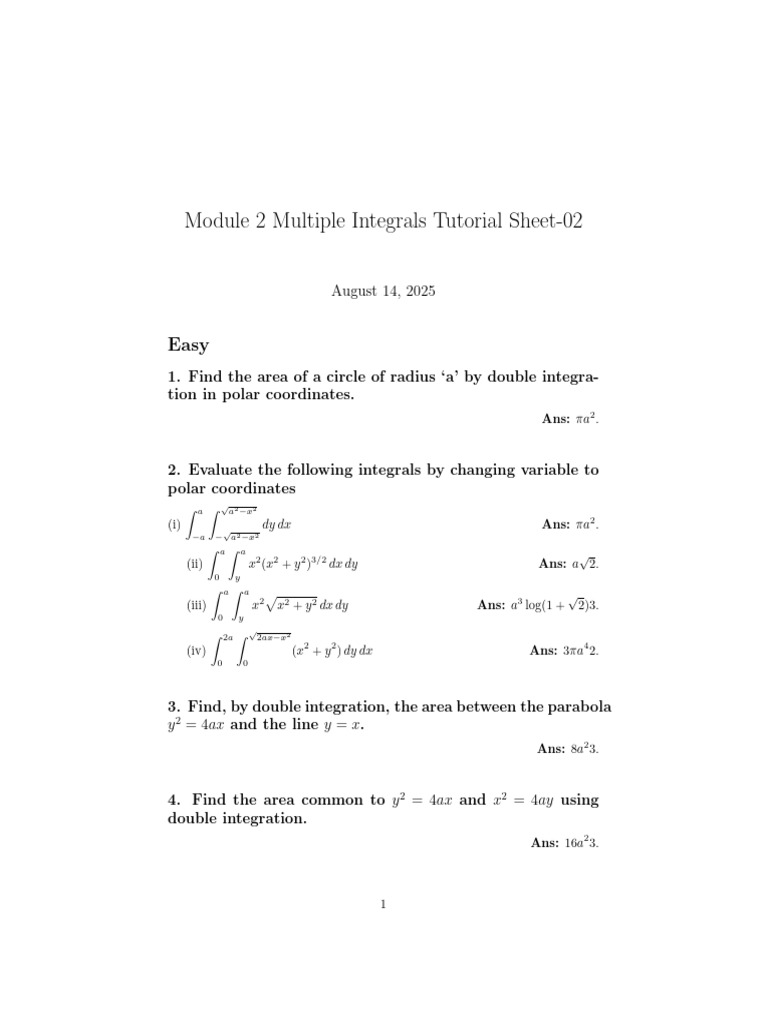Multiple Integrals Tutorial Sheet | PDF | Sphere | Coordinate System