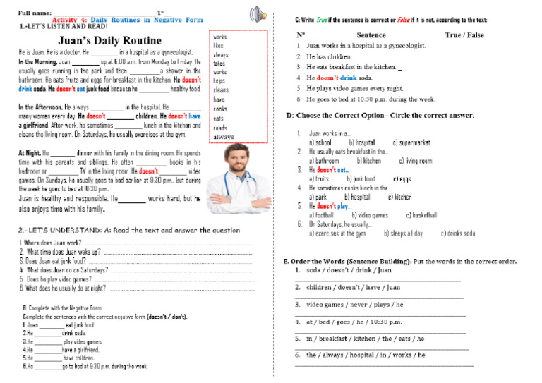 FICHA 4 - SS Daily Routines in Negative Form | PDF