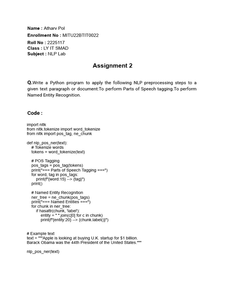 NLP Python Program: POS & NER Steps | PDF