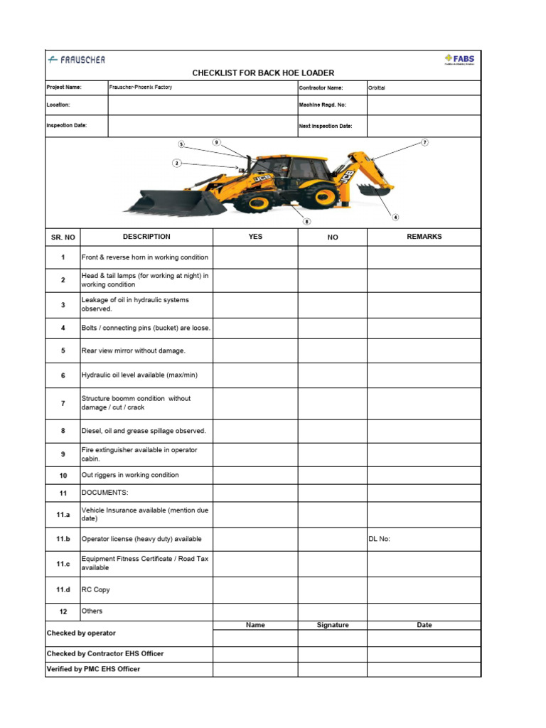 Backhoe Loader Inspection Checklist | PDF