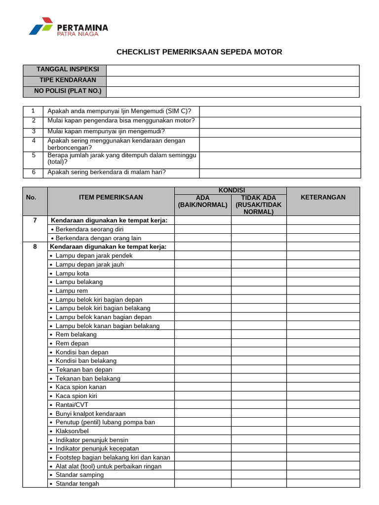 Checklist Pemeriksaan Sepeda Motor | PDF