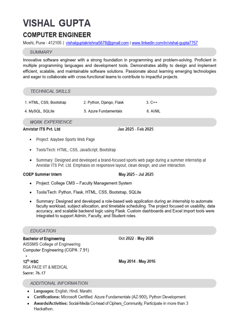 Vishal Gupta: Software Engineer Profile | PDF