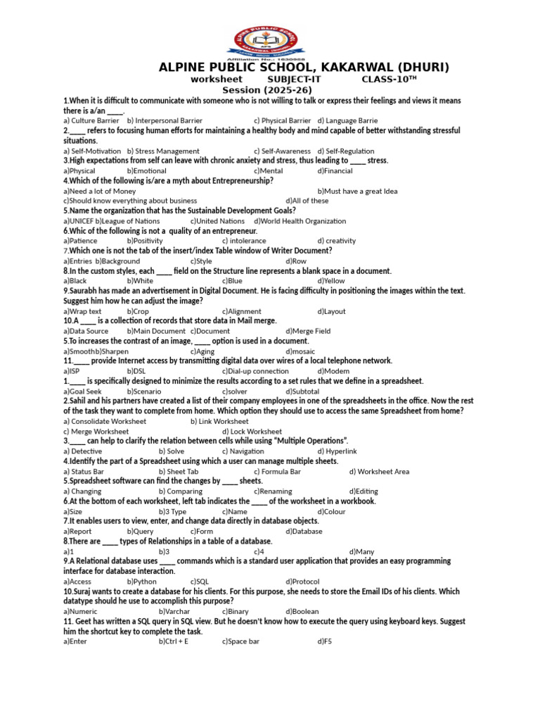Class 10 IT Worksheet for Alpine School | PDF | Databases | Spreadsheet