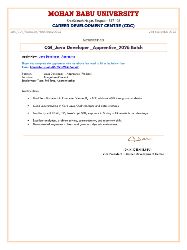 Java Developer Apprentice Position 2026 | PDF