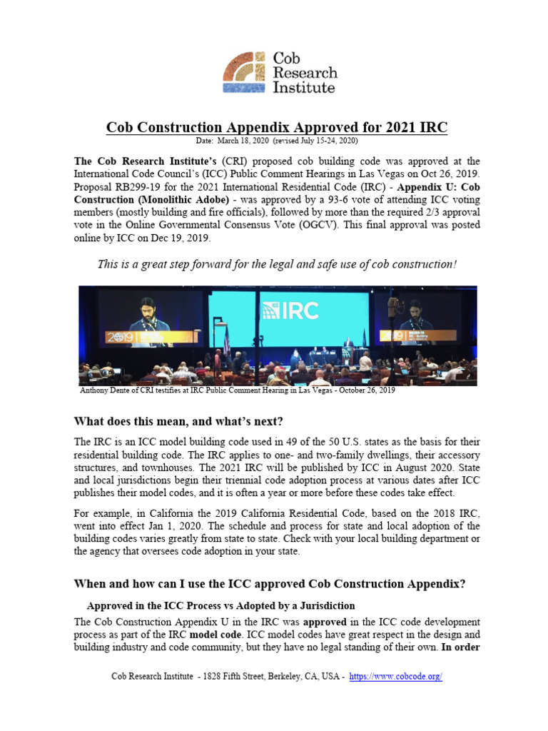 IRCAppendixU-CobConstruction Approval&UseOverview 7.15.20 | PDF | Wall ...