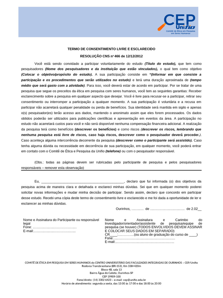 Termo de Consentimento para Pesquisa | PDF | Consentimento Livre e ...