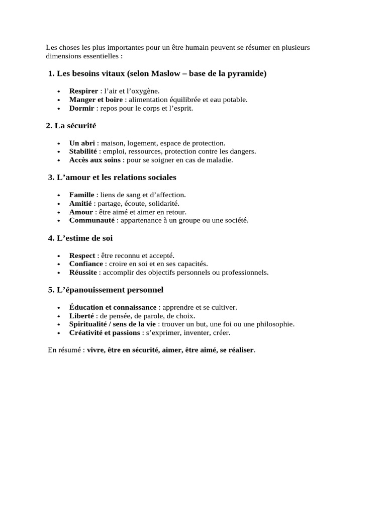 Besoins essentiels de l'être humain | PDF