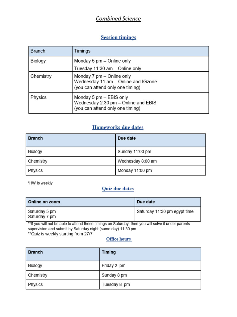 Combined Science Class Schedule & Deadlines | PDF