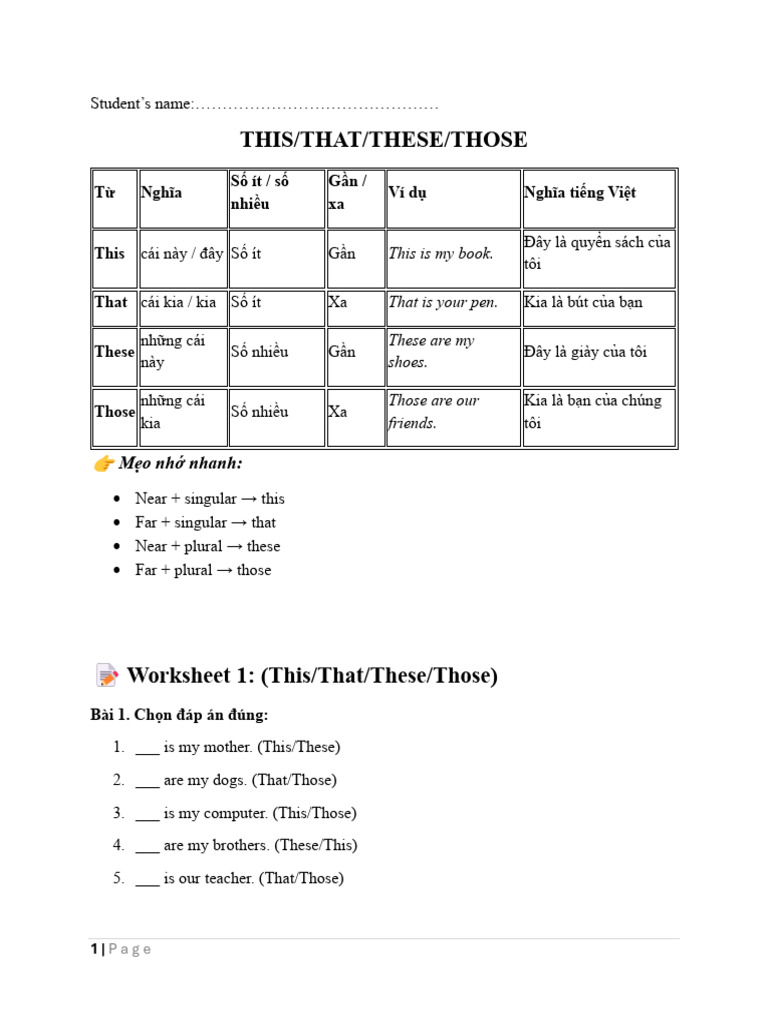 This/That/These/Those Worksheets | PDF