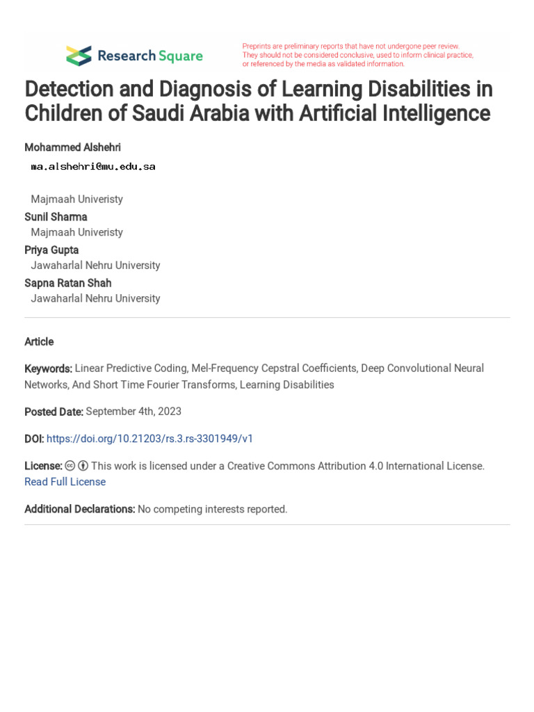 Detection and Diagnosis of Learning Disabilities in Children of Saudi ...