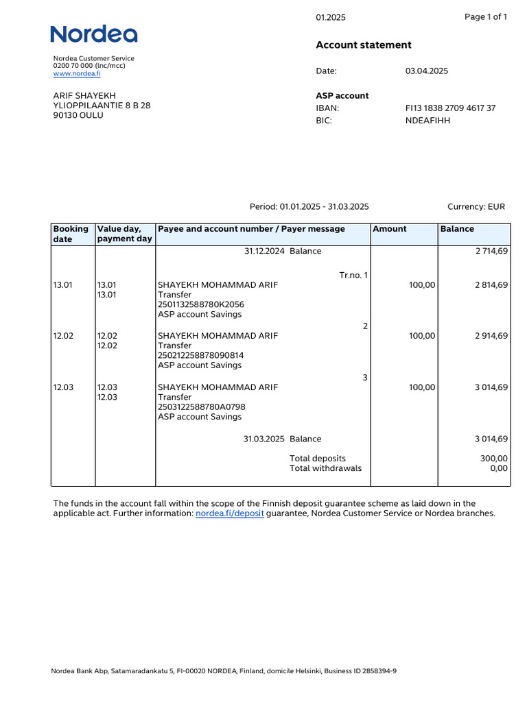 Nordea Bank Account Statement 01.2025 | PDF | Payments | Banking Technology