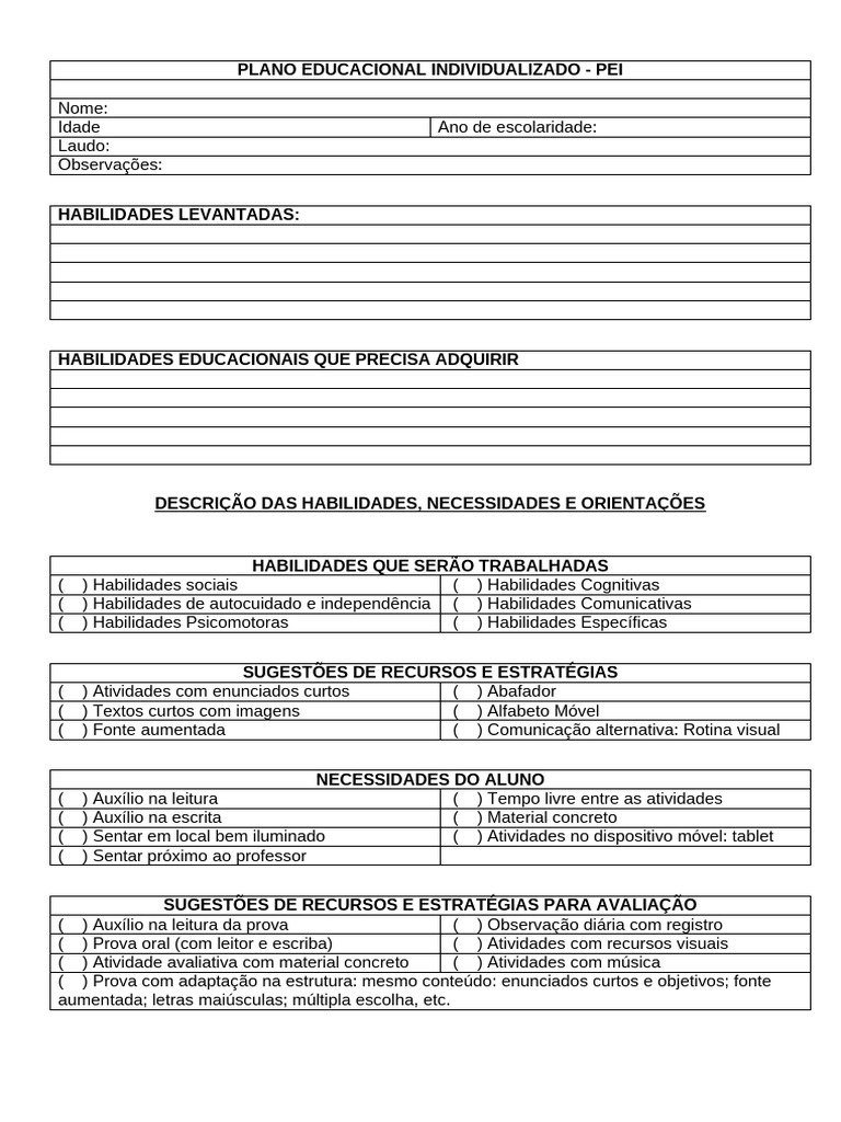 Plano Educacional Individualizado PEI | PDF