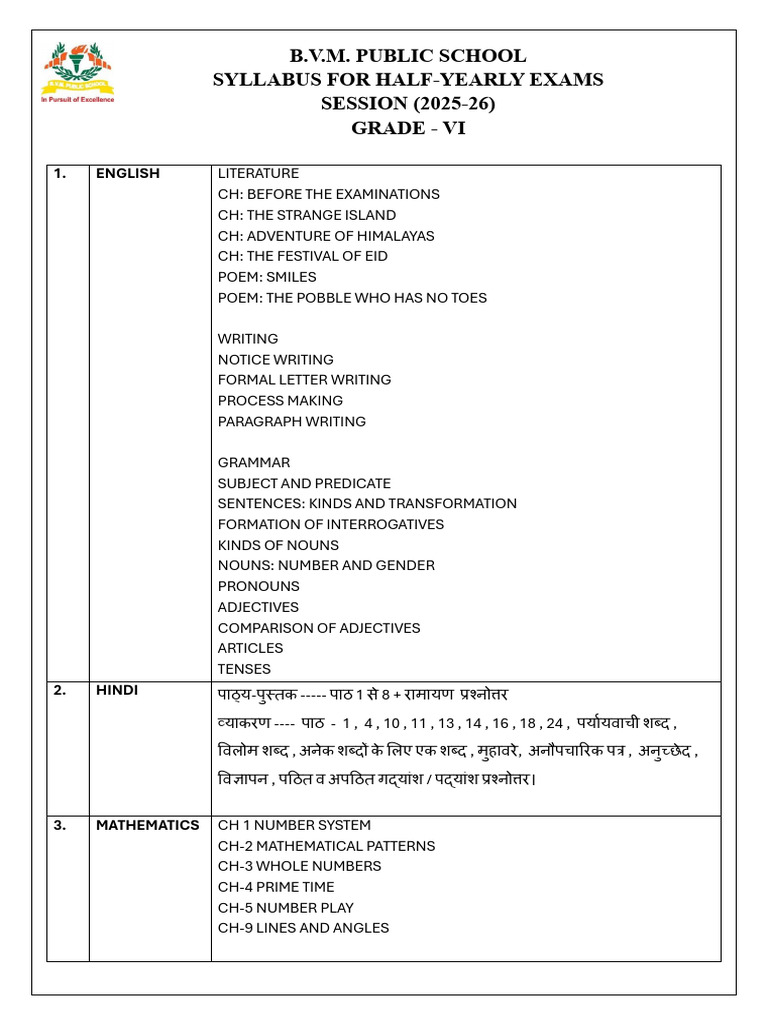 BVM School Grade VI Half-Yearly Syllabus | PDF | Adjective | Linguistics