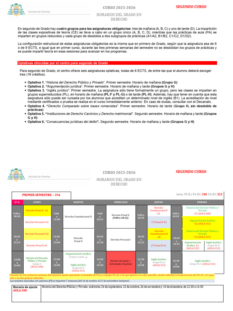 Horarios Segundo Curso Grado Derecho 2025-2026 | PDF | Justicia ...