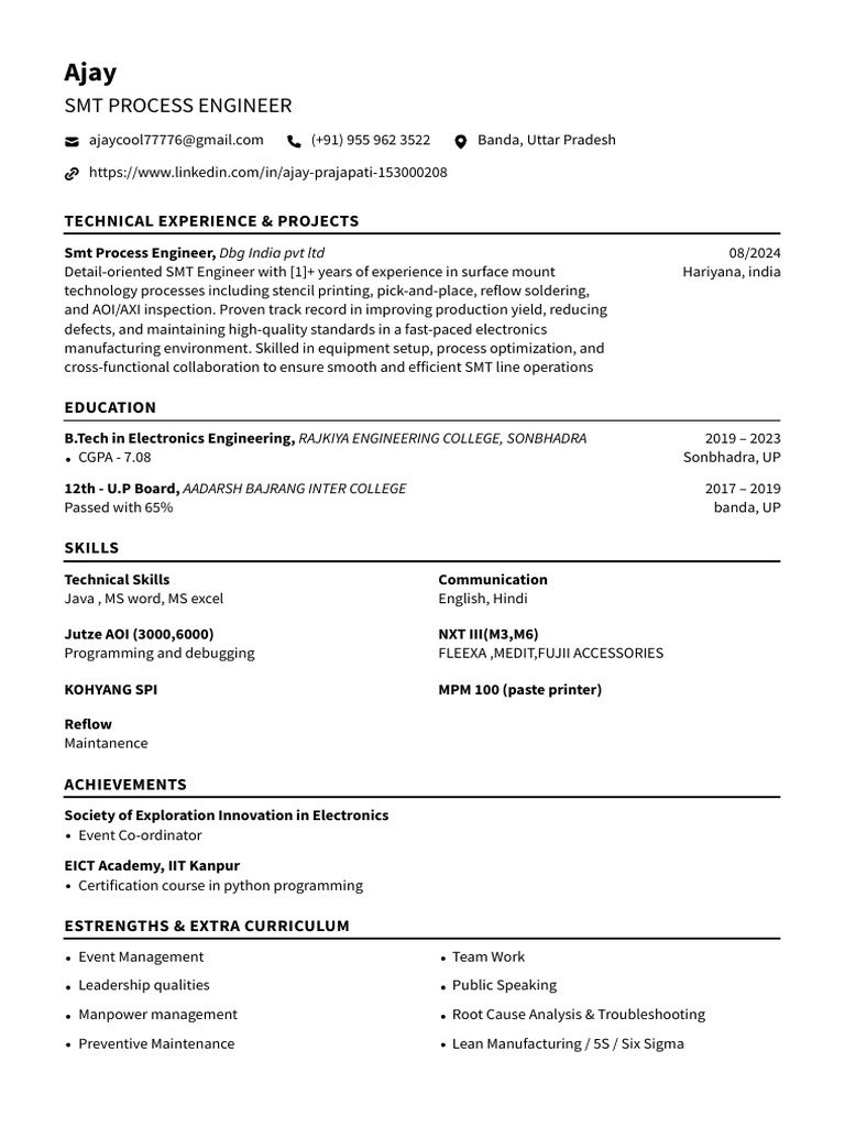 SMT Process Engineer: Technical Experience & Projects | PDF