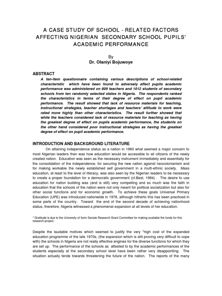 A Case Study of School Related Factors Affecting Nigerian Secondary ...