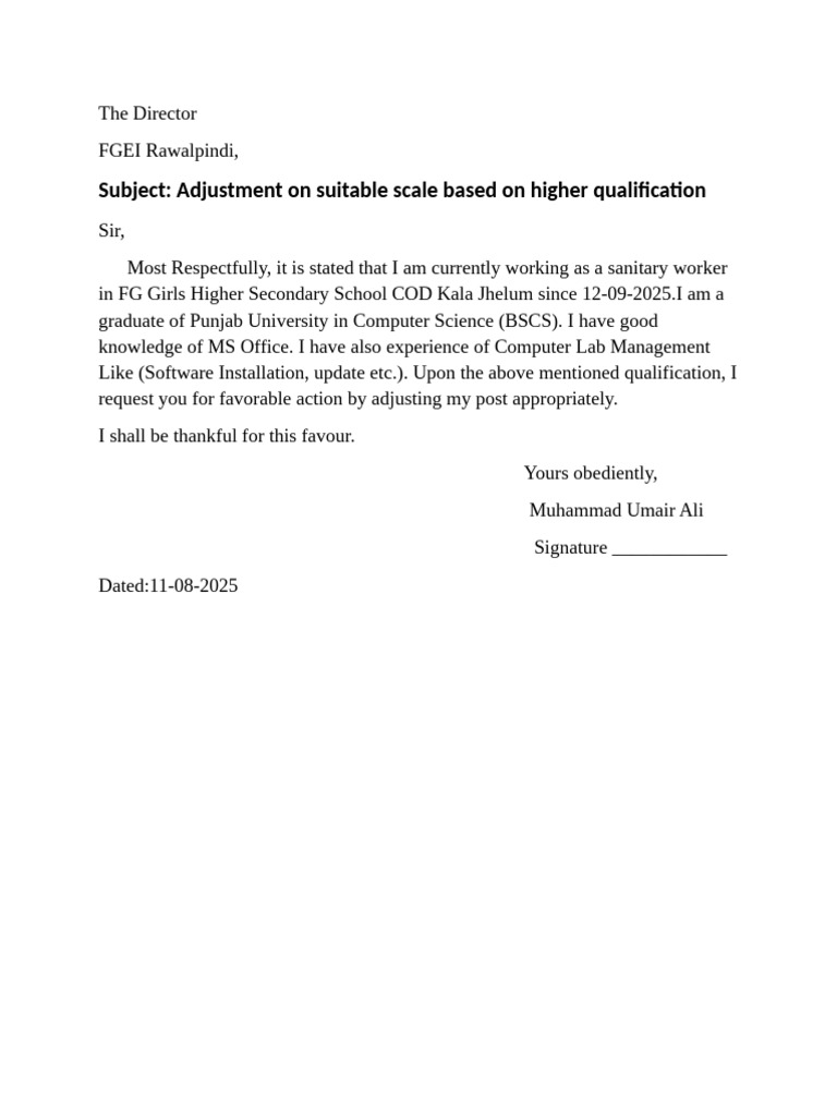 Request for Job Adjustment Based on Qualification | PDF