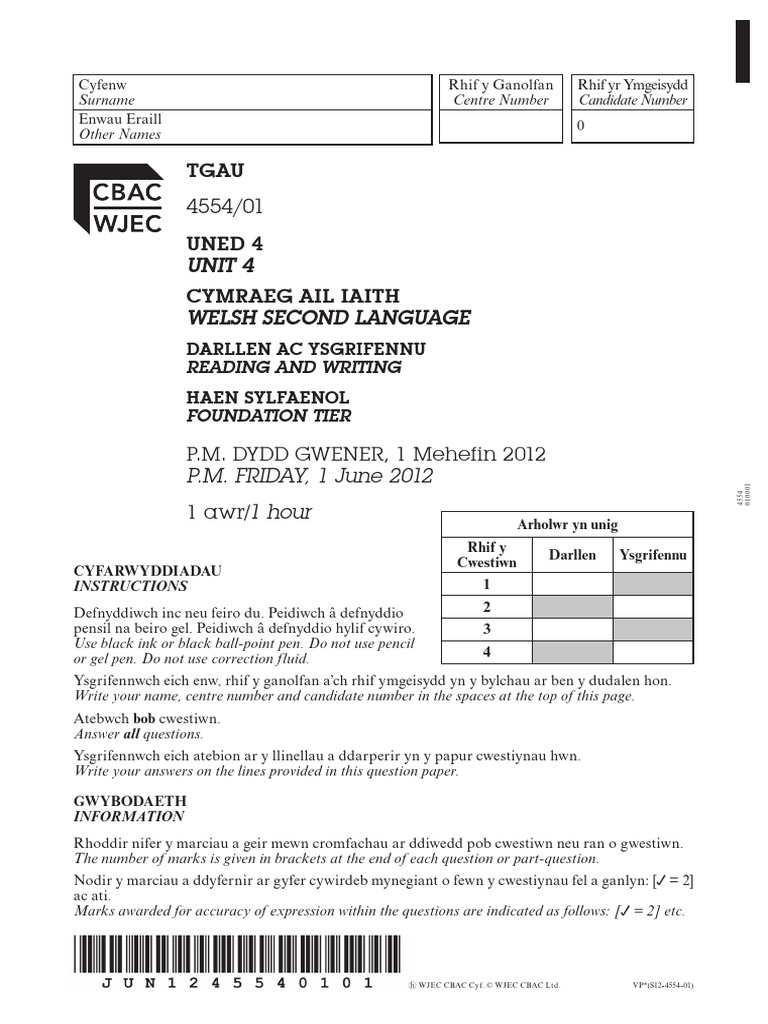 Unit 4 Welsh Second Language: P.M. DYDD GWENER, 1 Mehefin 2012 1 Awr | PDF
