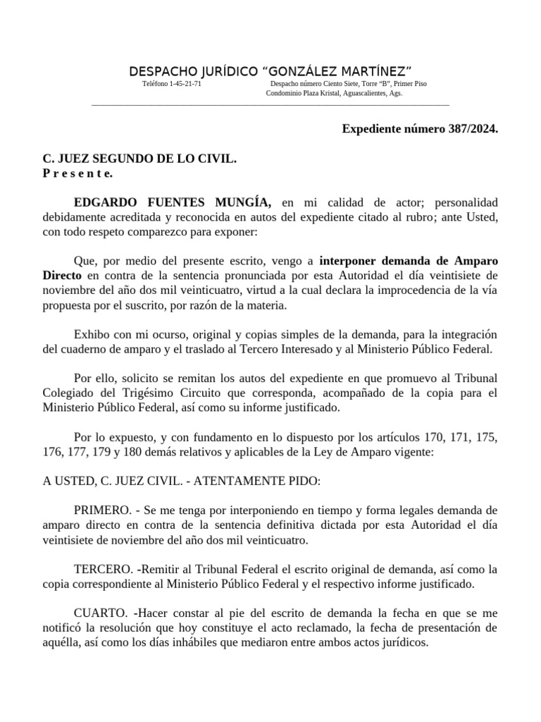 Demanda de Amparo Directo 387/2024 | PDF | Jurisdicción | Caso de ley
