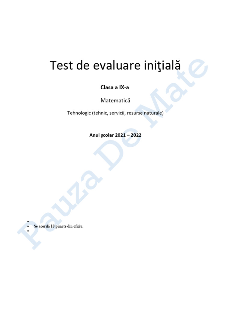 Test de Evaluare Initiala Clasa A 9a Teh | PDF