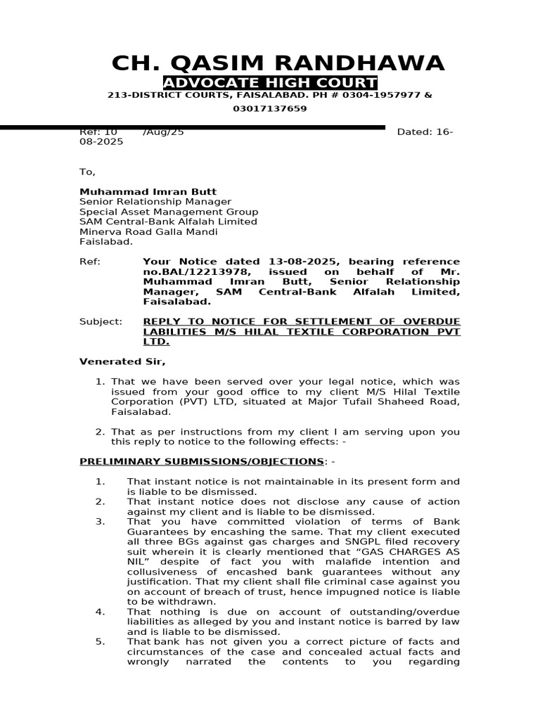 Reply To Legal Notice (Faheem Mushtaq) | PDF | Common Law | Justice
