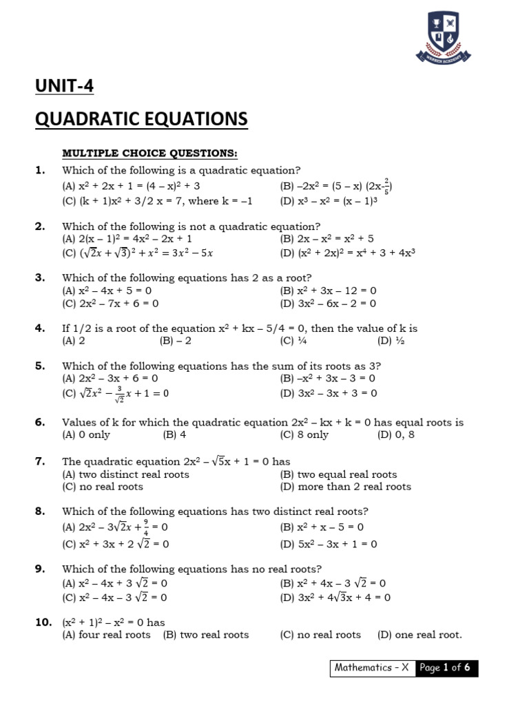 Ch.4 (Quadratic Eq.) - Class - X - Math (STD.) | PDF | Quadratic ...