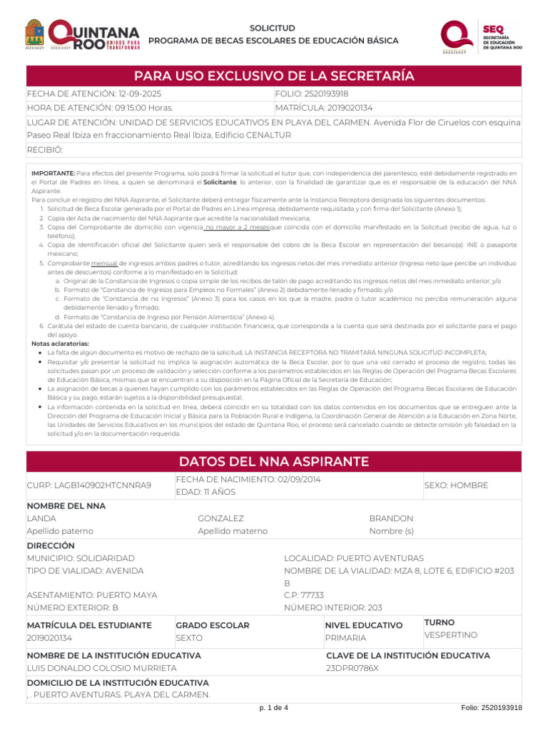 Solicitud de Beca Escolar 2025 | PDF | Certificado de nacimiento