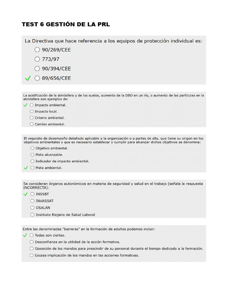 Test 6 Gestión de La PRL - Solución | PDF