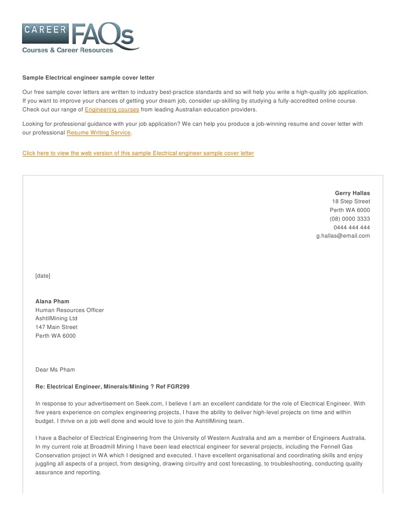 1725 Electrical Engineer Sample Cover Letter Www Careerfaqs Com Au Engineer Electrical Engineering