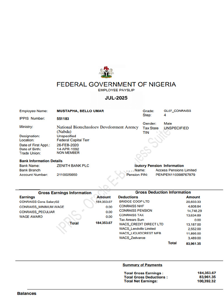 IPPIS Payslip by Employee No P 210725 | PDF