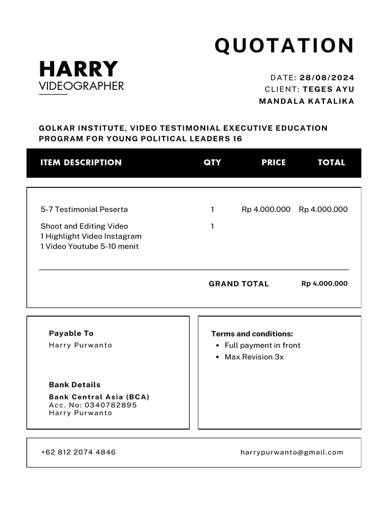 Videographer Quotation for Video Services | PDF