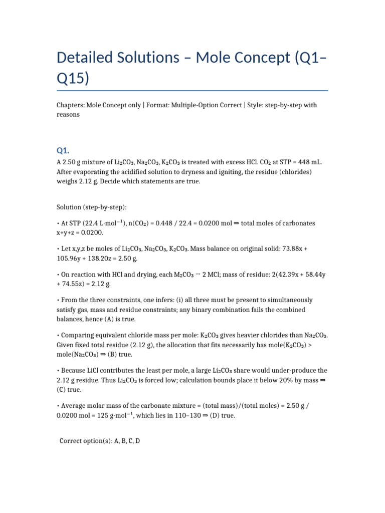 Step-by-Step Solutions for Mole Concept | PDF | Mole (Unit) | Acid
