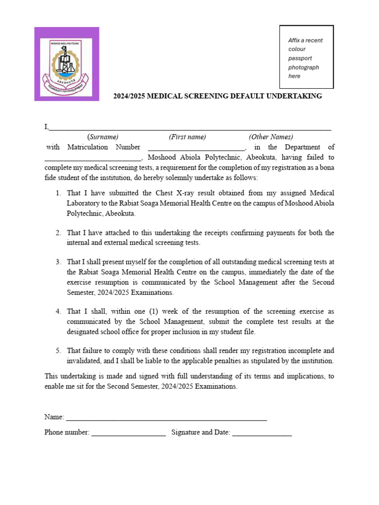 Medical Screening Default Undertaking Form | PDF