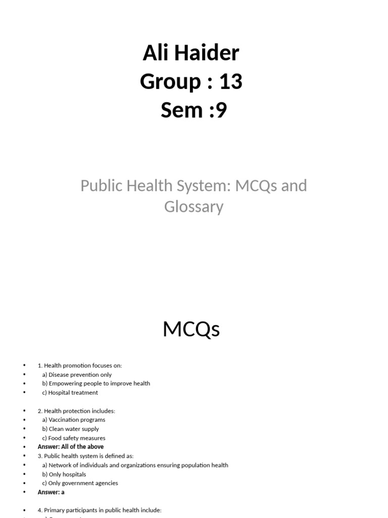 Public Health System MCQs and Glossary | PDF | Public Health | Health ...