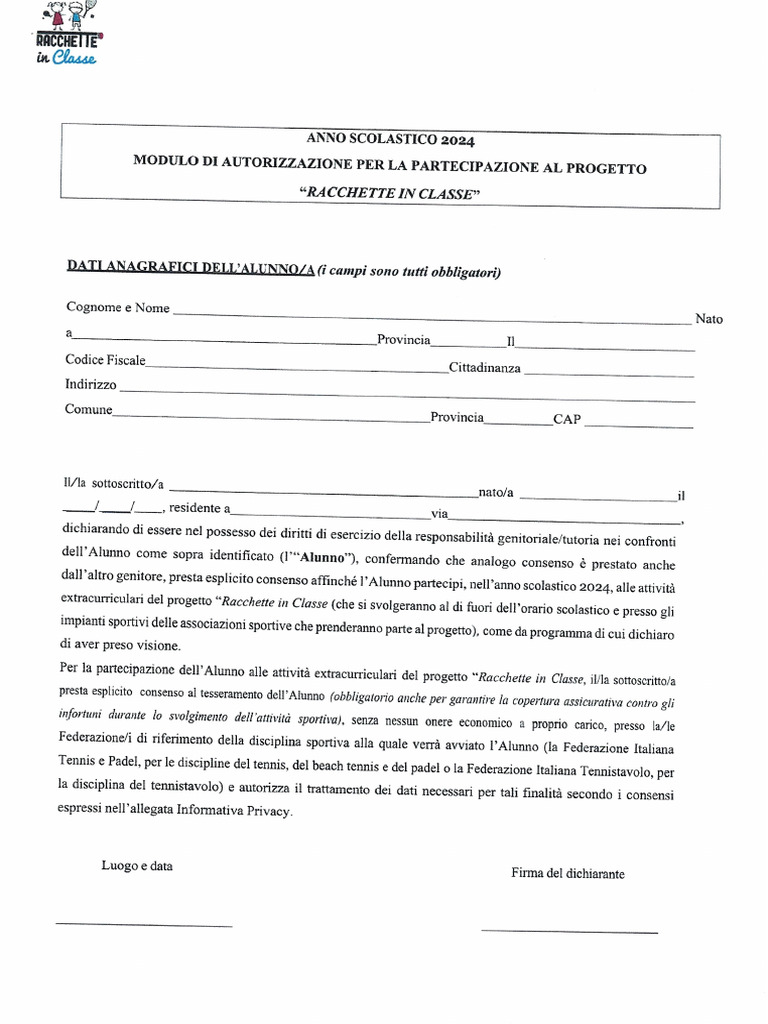 Adesione Racchette in Classe 2024+modulo Privacy | PDF