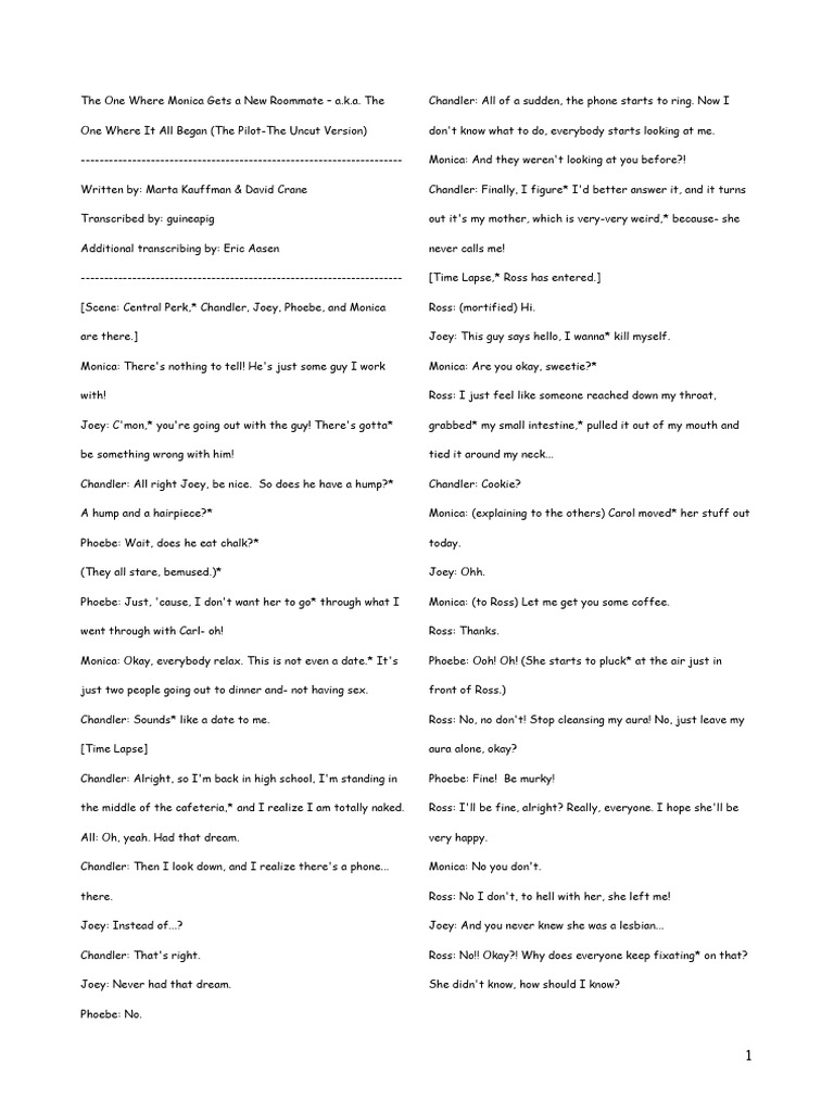 Friends Pilot Episode Script Summary | PDF | Friends