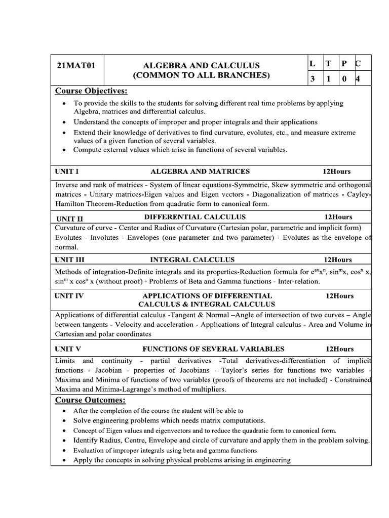 21MAT01 Algebra and Calculus | PDF