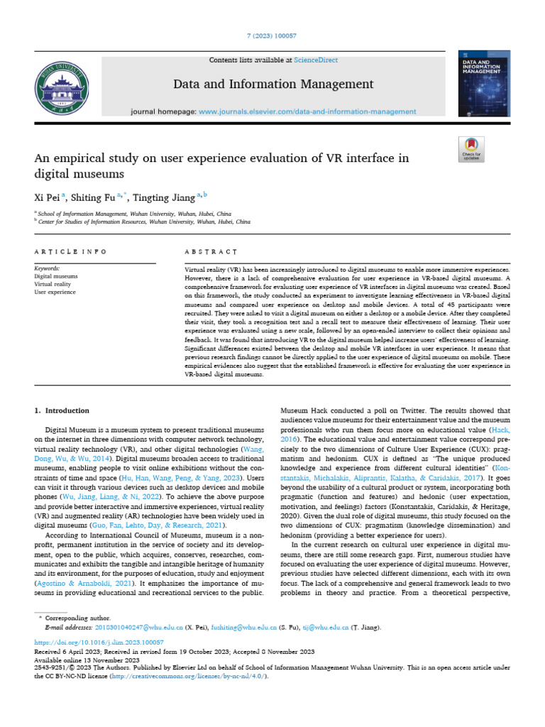 User Experience in VR Digital Museums | PDF | Virtual Reality | Usability