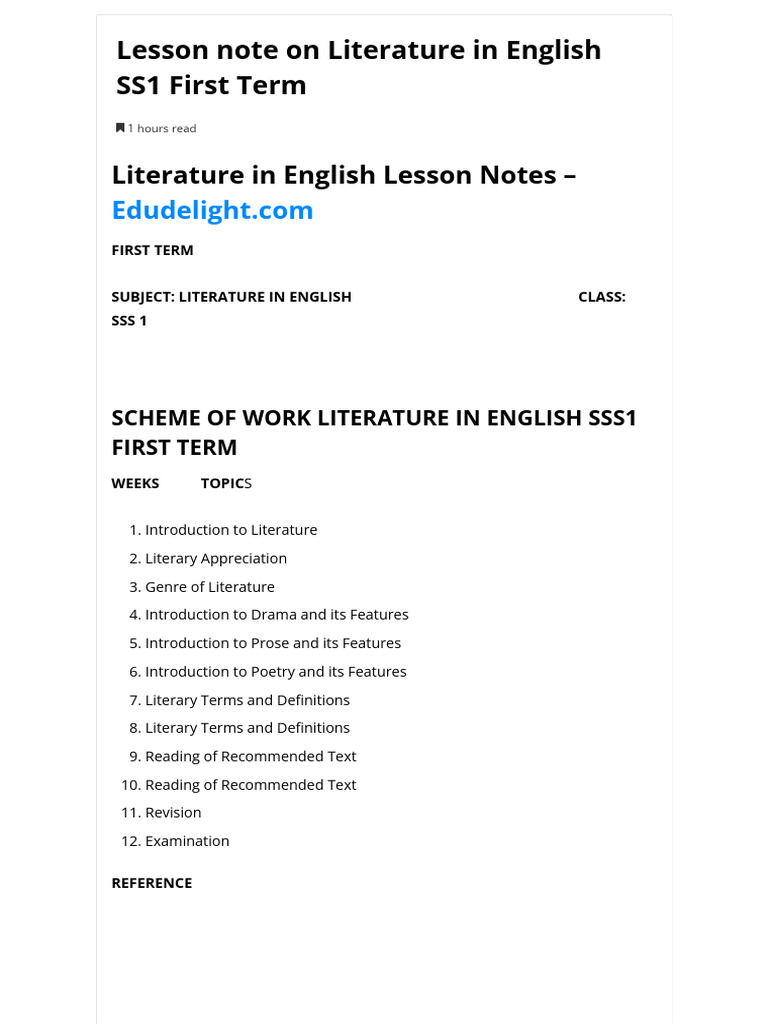SS1 Literature Lesson Notes: Term 1 | PDF | Poetry | Genre
