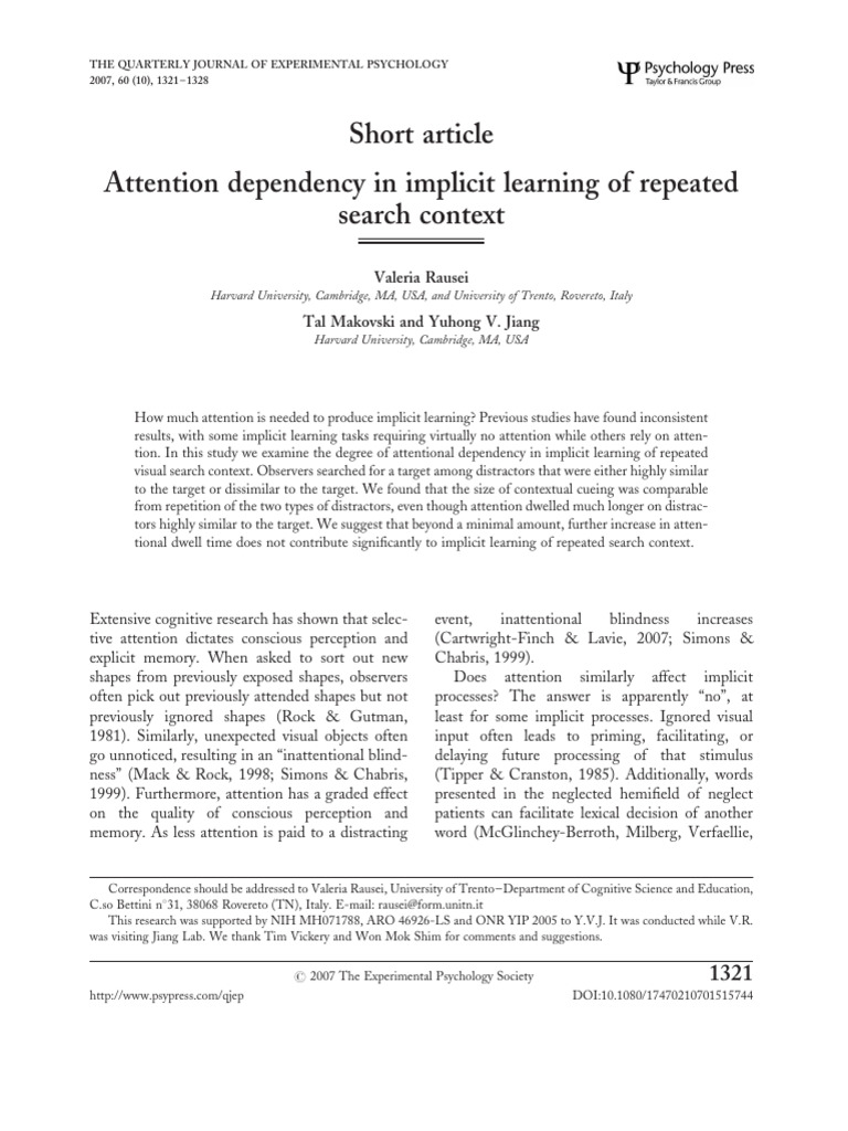 Rausei Et Al 2007 Attention Dependency in Implicit Learning of Repeated ...