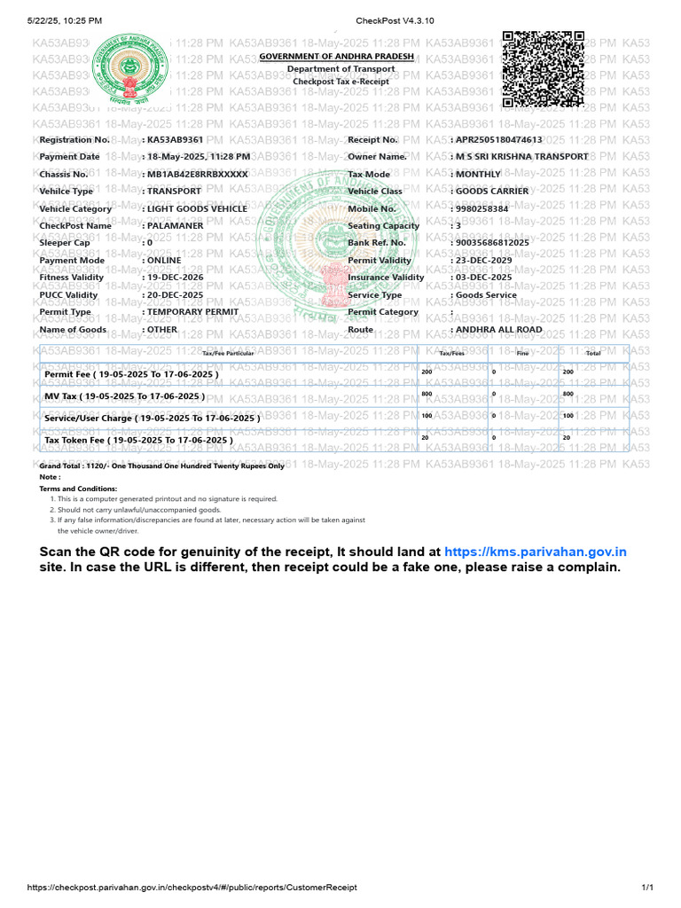 Andhra Pradesh Checkpost Tax Receipt | PDF