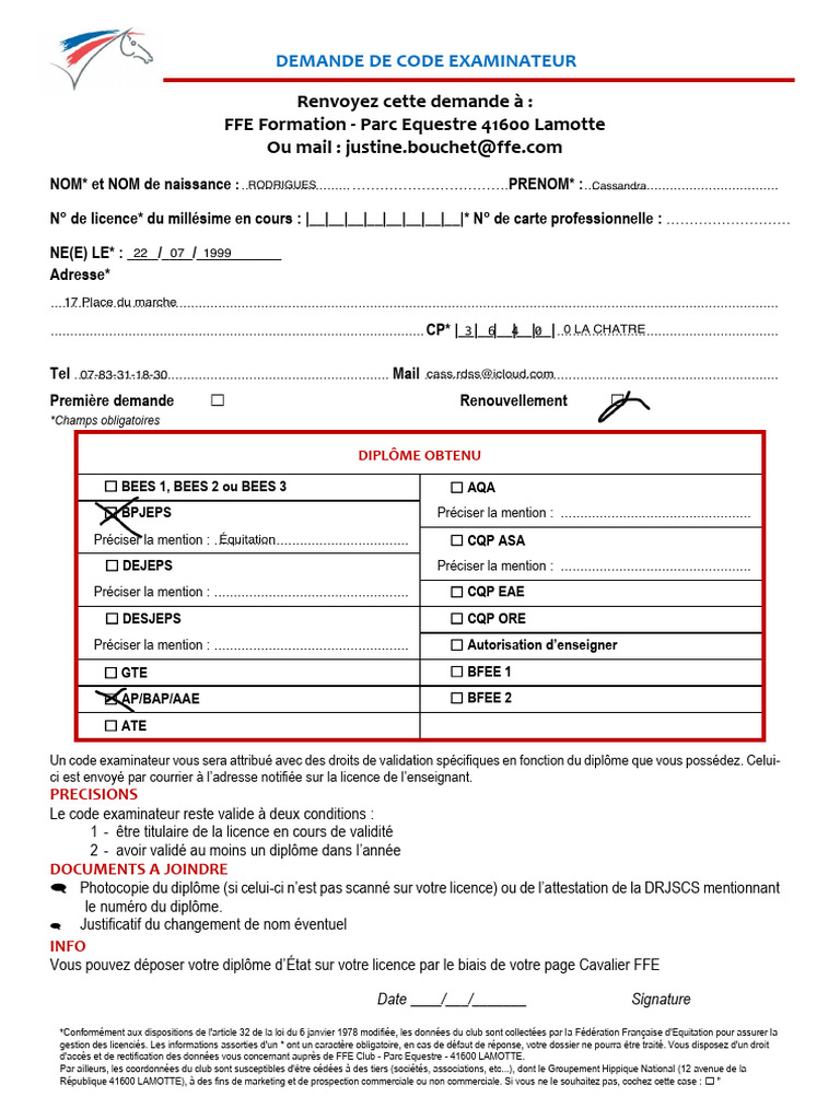 Demande de Code Examinateur FFE | PDF