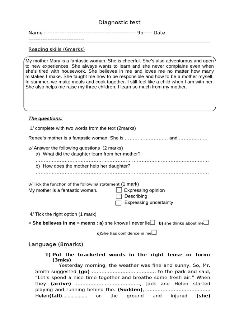 Diagnostic Test: Reading & Language Skills | PDF