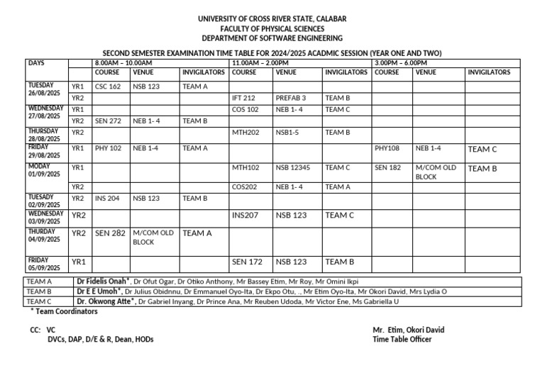 Yr 2 SW Eng 2024 2025 Second Semester Exam Timetable Adjust | PDF