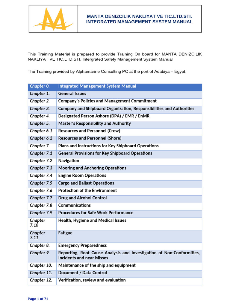 Manta Denizcilik IMS Training Manual | PDF | Regulatory Compliance ...