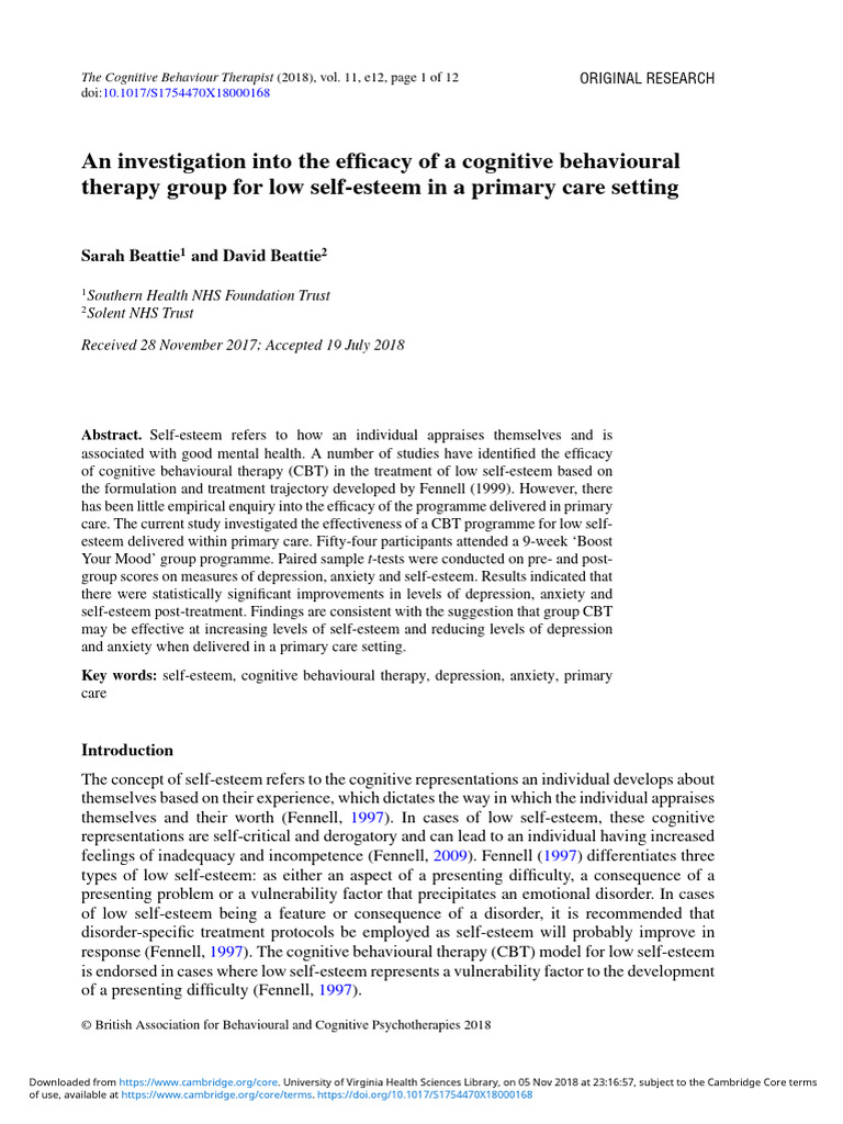 Efficacy of CBT for Low Self-Esteem | PDF | Cognitive Behavioral ...