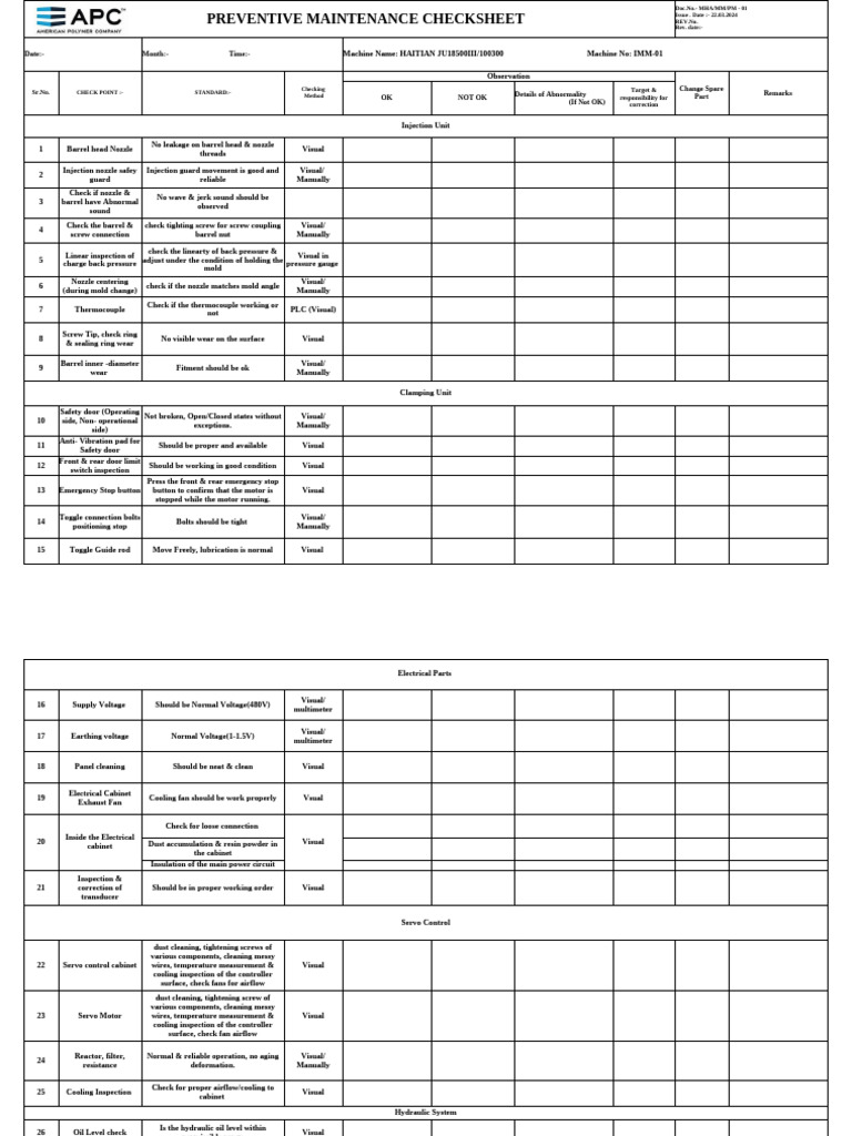 Preventive Maintenance Checksheet for HAITIAN JU18500III | PDF | Leak ...